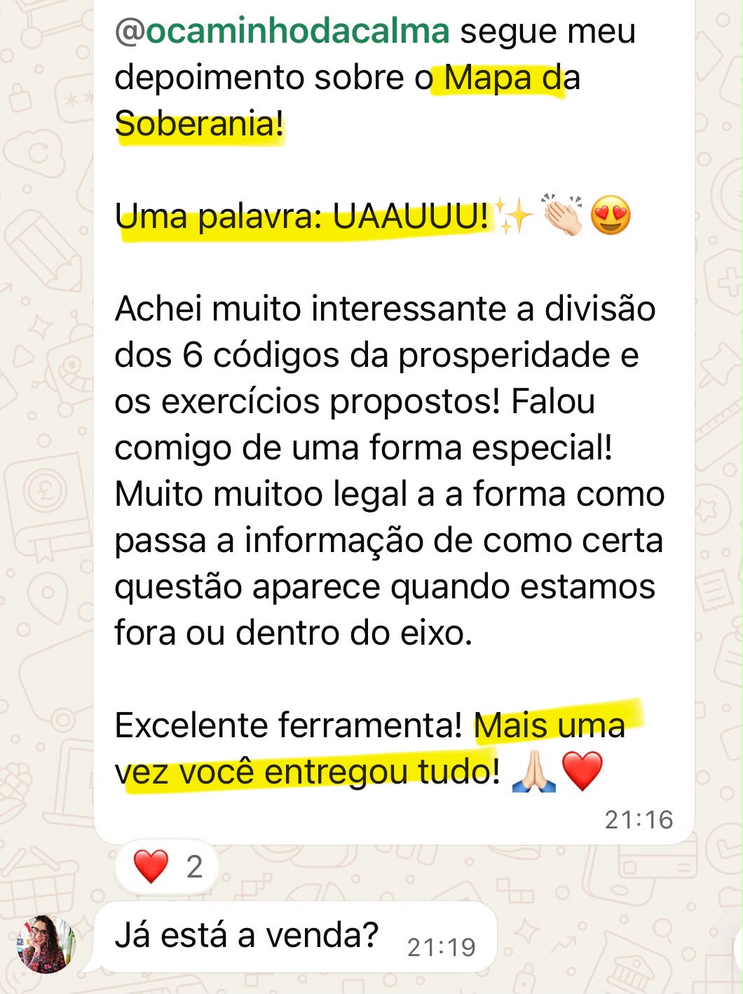 Depoimento em WhatsApp sobre os 6 Códigos de Prosperidade